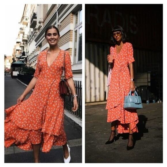 [Ganni] Silvery Crepe V-Neck Floral Print Wrap Red Apple Maxi Dress Size Large L - Picture 13 of 14